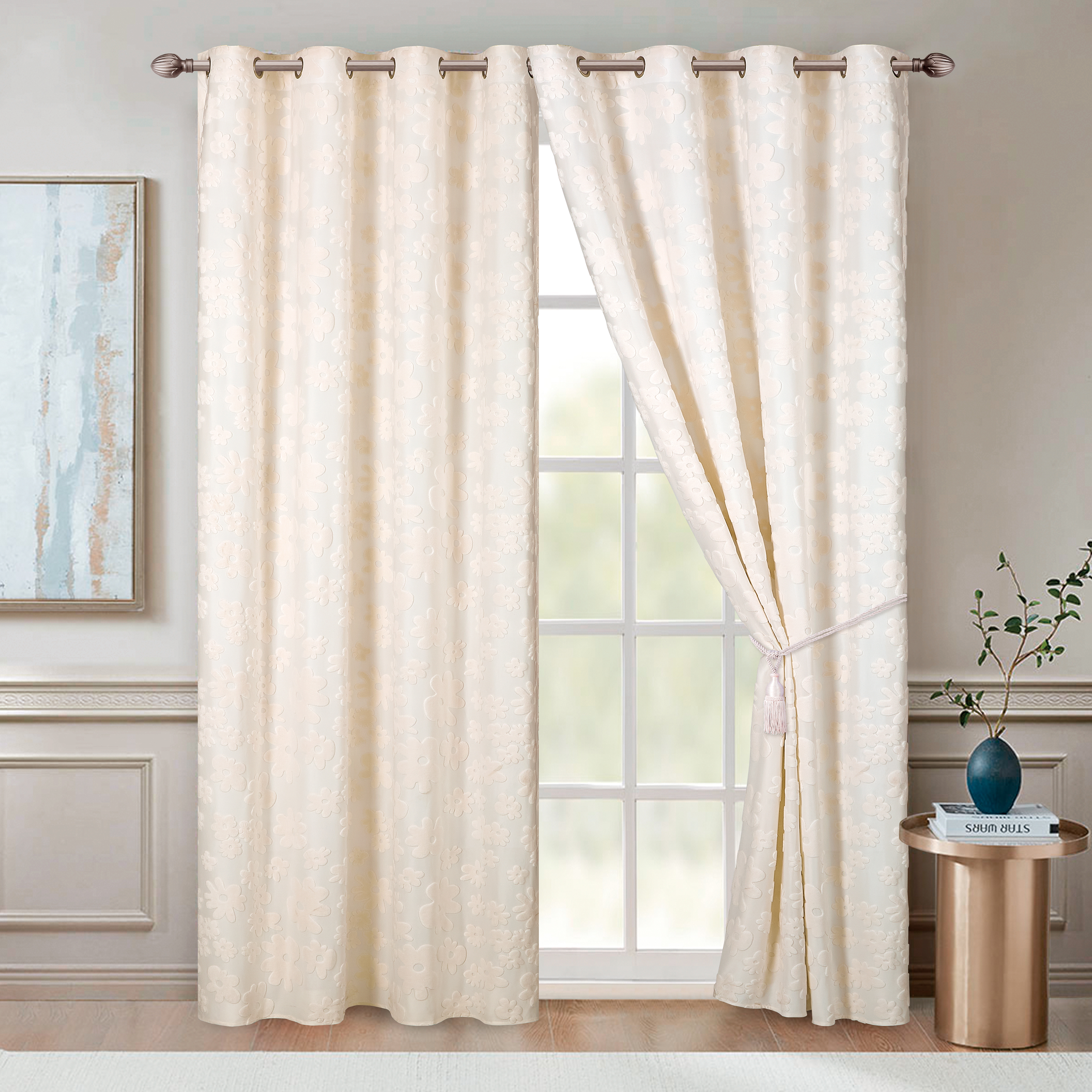 奶白色无光圆机提花窗帘